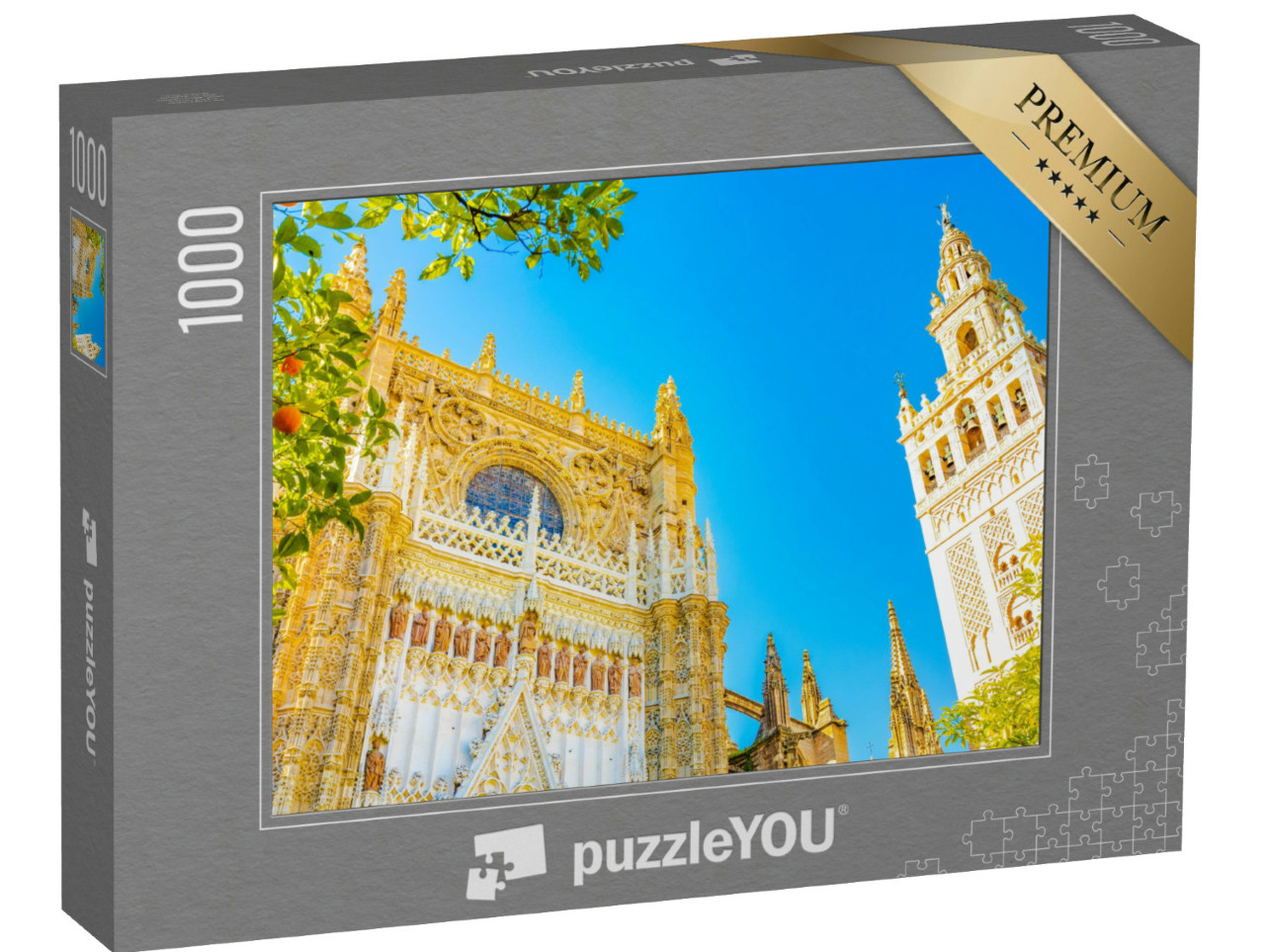 Puzzel 1000 stukjes „Kathedraal van Sevilla en Giralda toren onder de blauwe hemel van Sevilla“