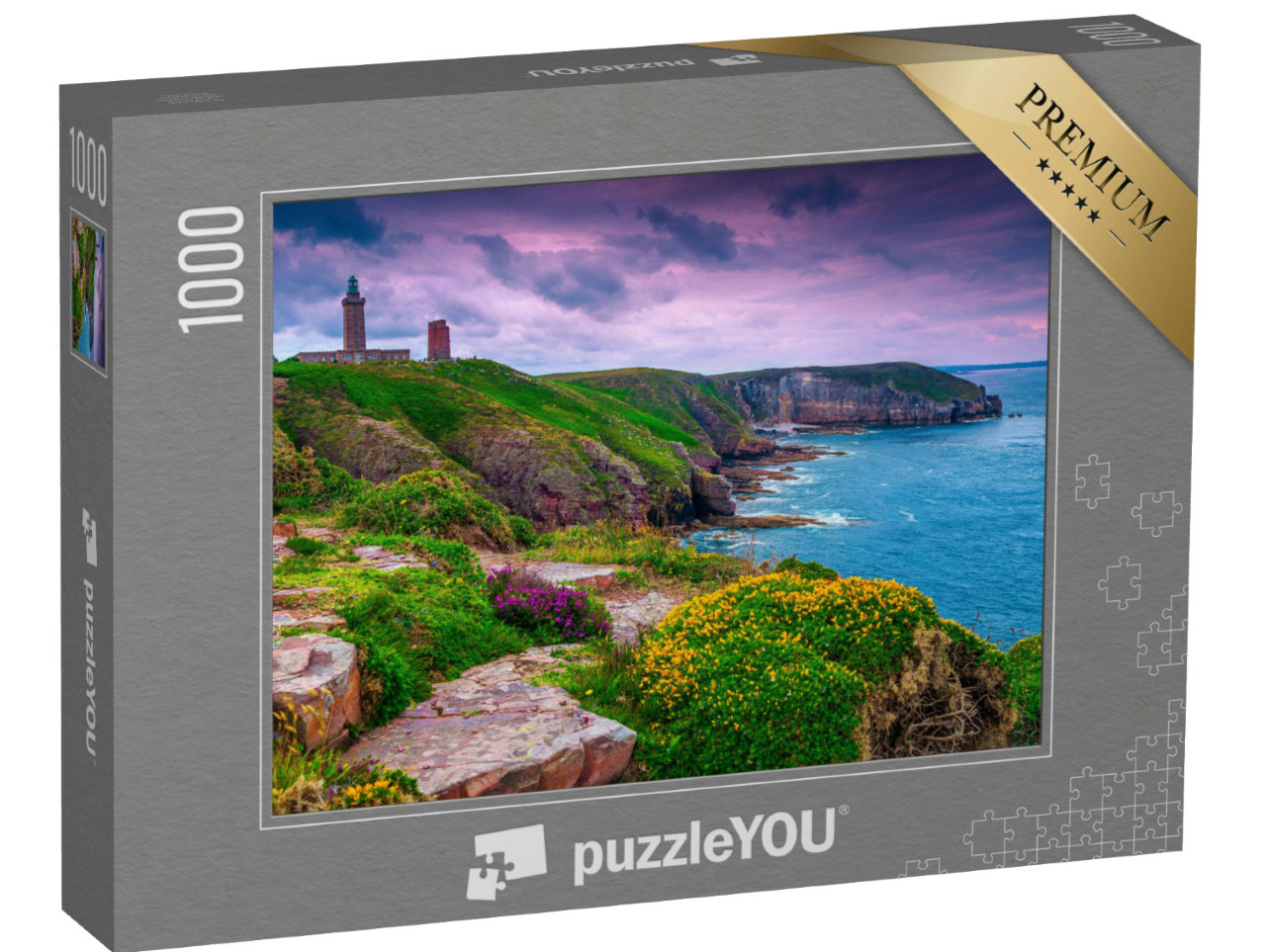 Puzzel 1000 stukjes „De vuurtoren van Cap Frehel op de rotsachtige kustlijn van Bretagne, Frankrijk,“