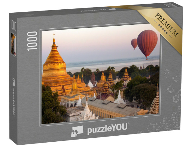 Puzzel 1000 stukjes „Luchtfoto van heteluchtballonnen bij de Shwezigon Pagode, Myanmar“
