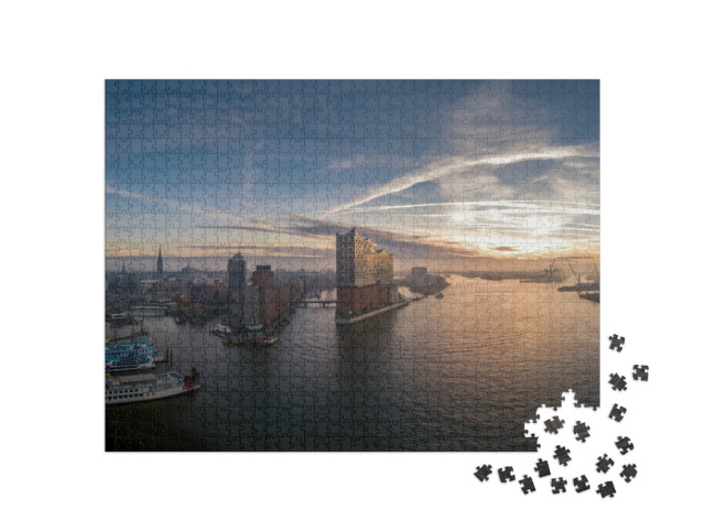Puzzel 1000 stukjes „De haven van Hamburg met een prachtige zonsopgang“