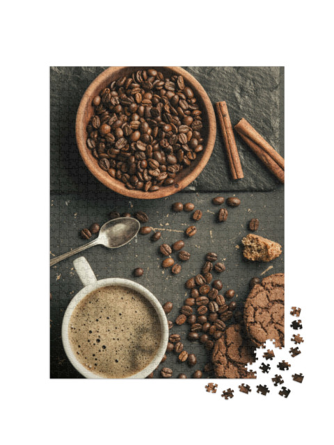 Puzzel 1000 stukjes „Ensemble van gebrande koffiebonen, koffie en koekjes“