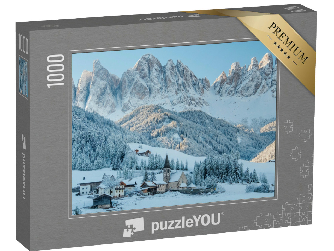 Puzzel 1000 stukjes „Besneeuwd dorp Val di Funes, Zuid-Tirol, Italië“