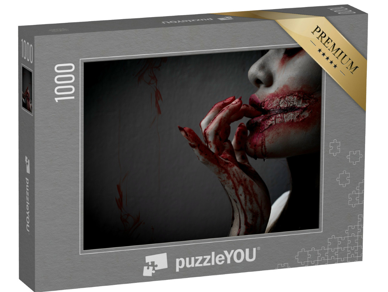 Puzzel 1000 stukjes „Zombievrouw met bloed op haar hand en mond“