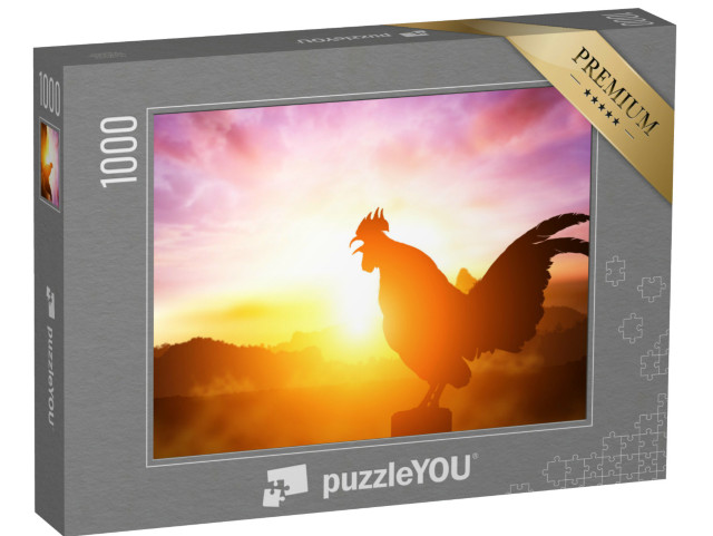 Puzzel 1000 stukjes „Silhouet van een kraaiende haan in de stralende zonsopgang“