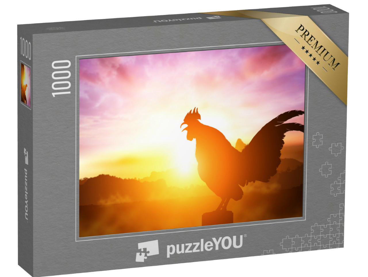 Puzzel 1000 stukjes „Silhouet van een kraaiende haan in de stralende zonsopgang“