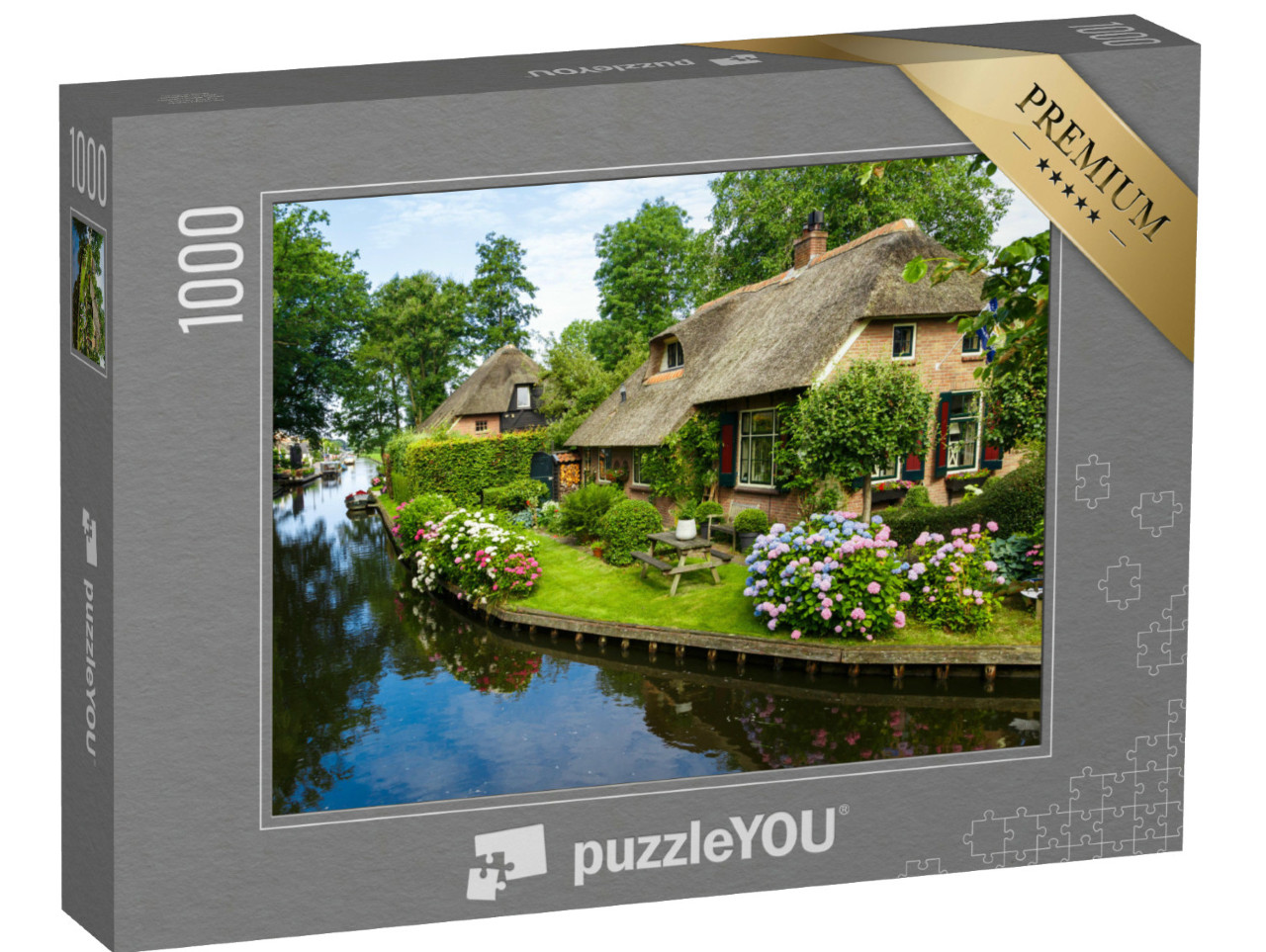 Puzzel 1000 stukjes „Giethoorn met grachten en rustieke rietgedekte huizen in een boerderijenwijk“