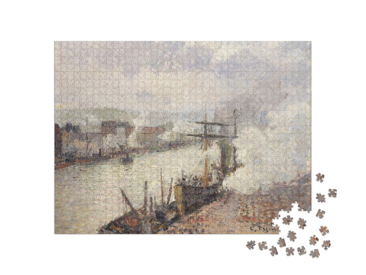 Puzzel 1000 stukjes „Camille Pissarro - Stoomboten in de haven van Rouen“