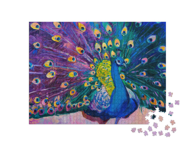 Puzzel 1000 stukjes „Olieverf op doek: Prachtige pauw met open wiel“