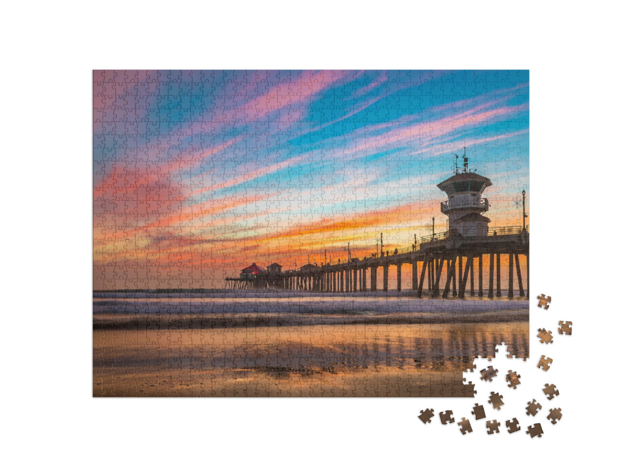 Puzzel 1000 stukjes „Prachtige zonsondergang boven de pier van Huntington Beach, Californië“
