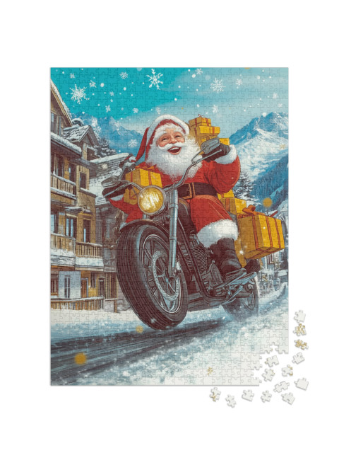 Puzzel 1000 stukjes „Le Père Noël distribue des cadeaux sur sa moto“