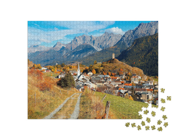 Puzzel 1000 stukjes „Herfstlandschap op een pad naar het dorp Ardez“