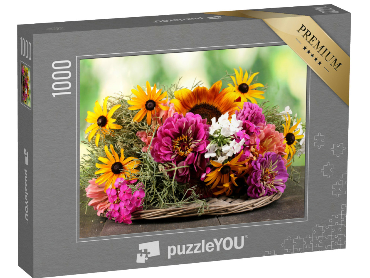Puzzel 1000 stukjes „Boeket heldere bloemen op houten tafel“