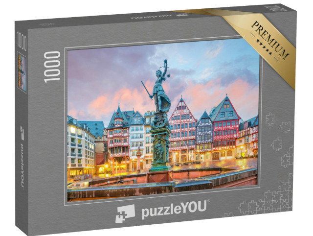 Puzzel 1000 stukjes „Schemering op het oude stadsplein Römerberg in Frankfurt, Duitsland“
