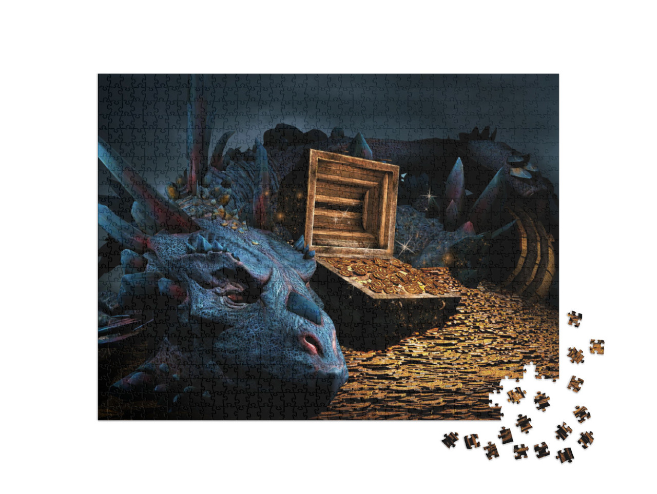 Puzzel 1000 stukjes „Fantasie scène met blauwe draak“
