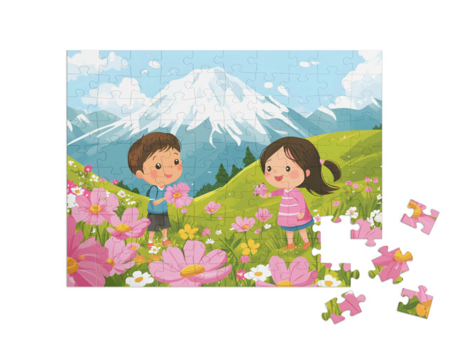 Puzzel 100 stukjes „Bloemen plukken in de bergweide“