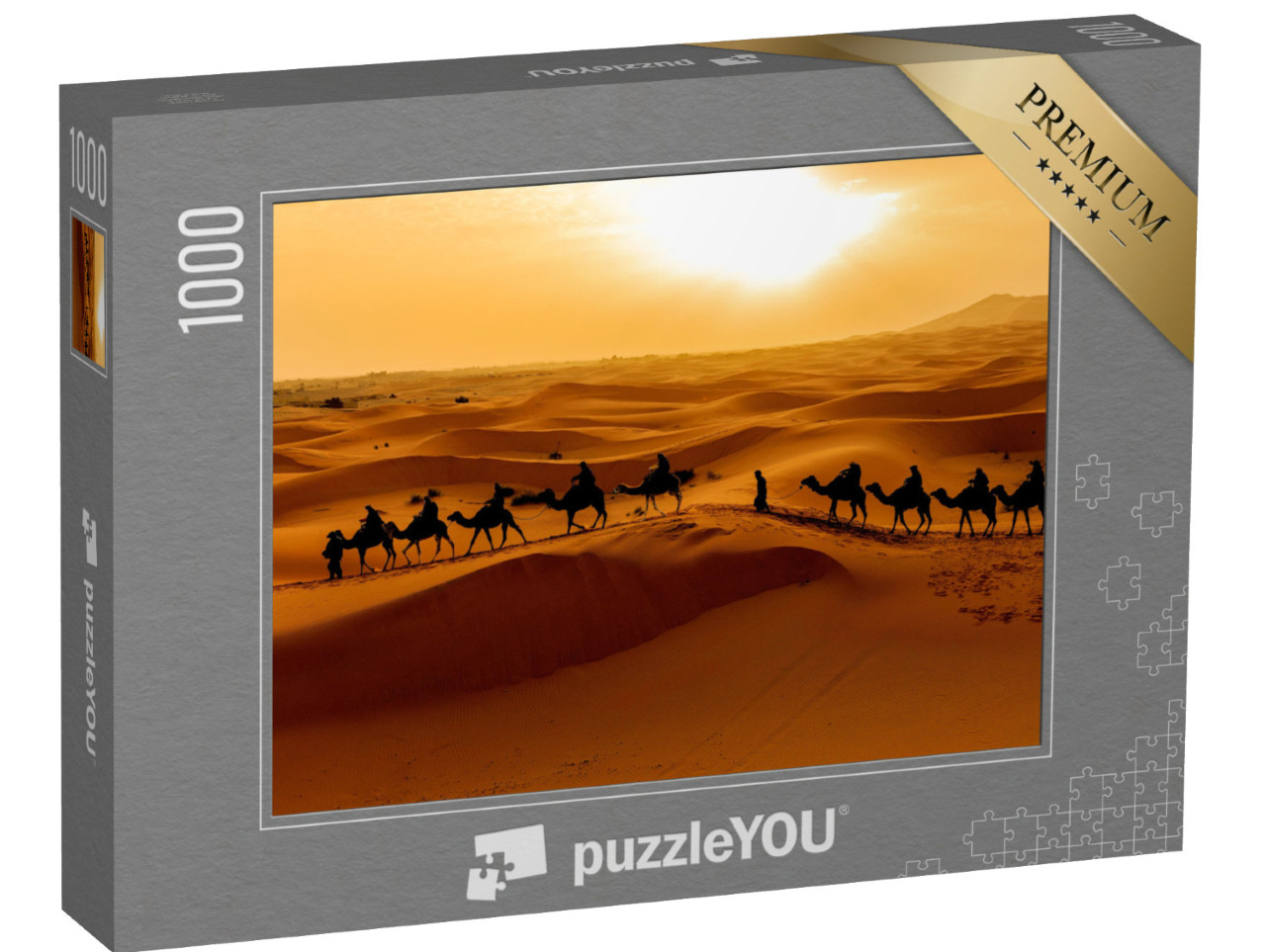 Puzzel 1000 stukjes „Kamelenkaravaan: Toeristen verkennen de Sahara-woestijn, Marokko“