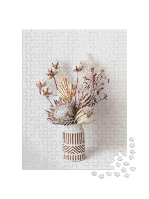 Puzzel 1000 stukjes „Gedroogde bloemen in een witte keramieken vaas“