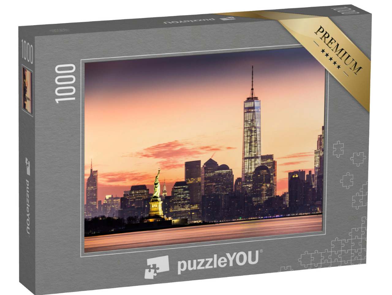 Puzzel 1000 stukjes „Lower Manhattan met verlicht Vrijheidsbeeld bij zonsopgang“