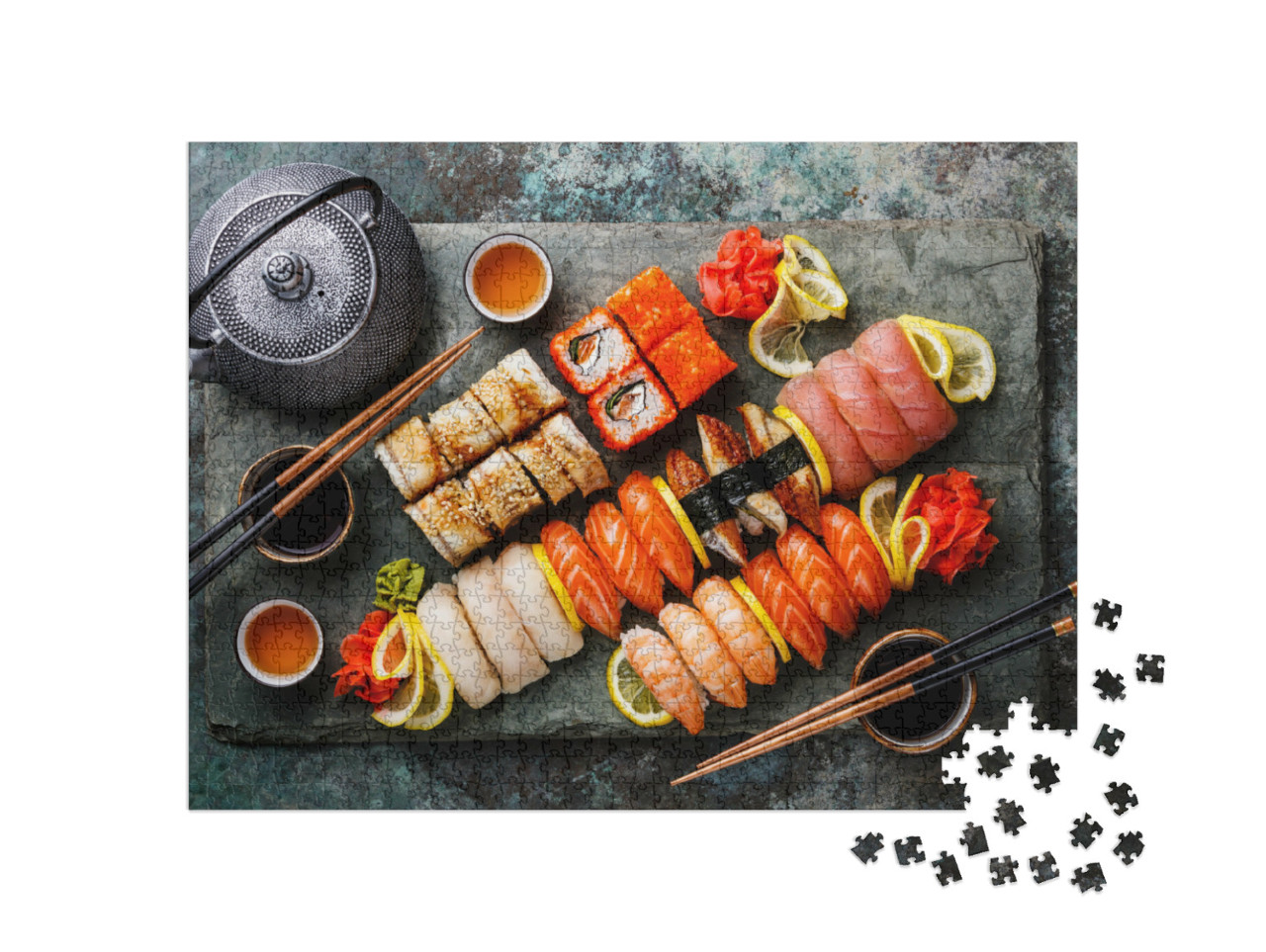 Puzzel 1000 stukjes „Sushi set nigiri en sushi rollen met thee“