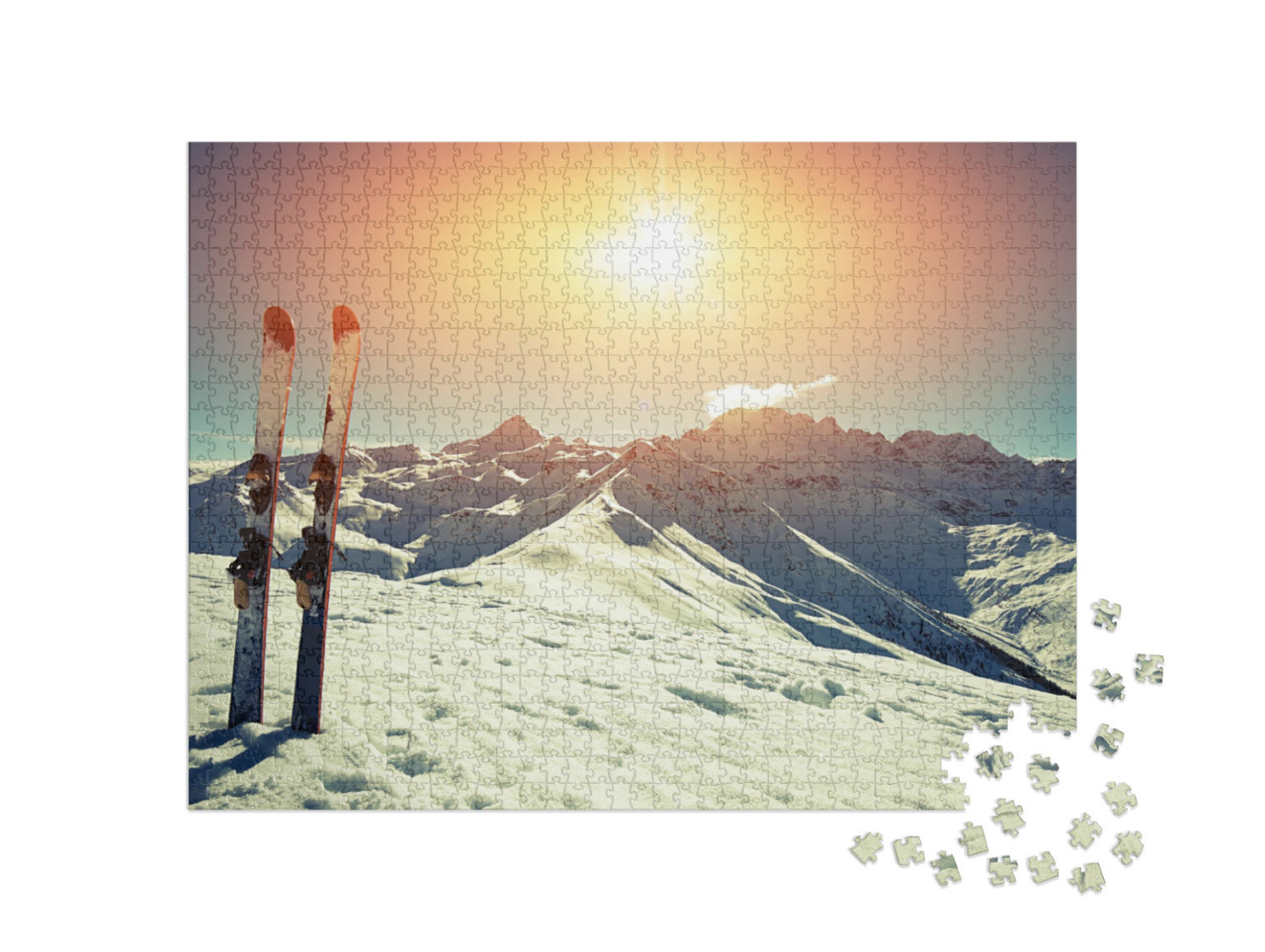 Puzzel 1000 stukjes „Ski's in de sneeuw in de bergen“