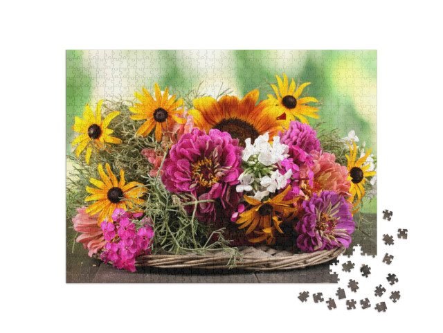 Puzzel 1000 stukjes „Boeket heldere bloemen op houten tafel“