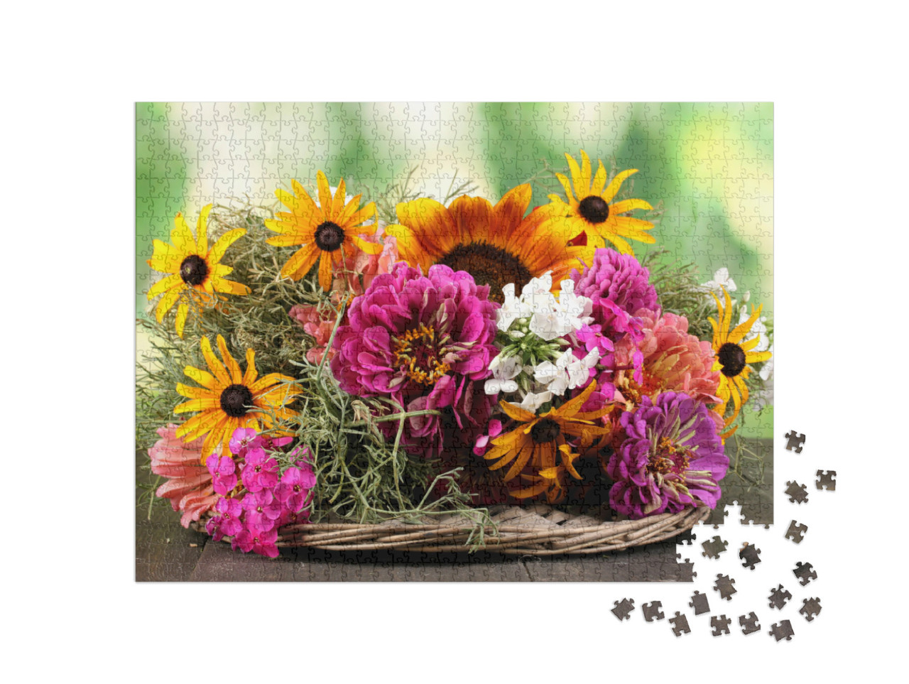 Puzzel 1000 stukjes „Boeket heldere bloemen op houten tafel“