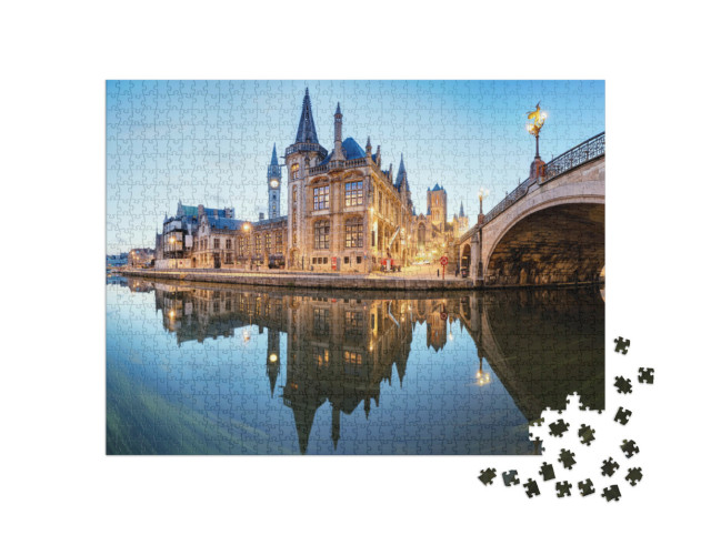 Puzzel 1000 stukjes „Prachtig oud stadscentrum van Gent bij nacht, België“
