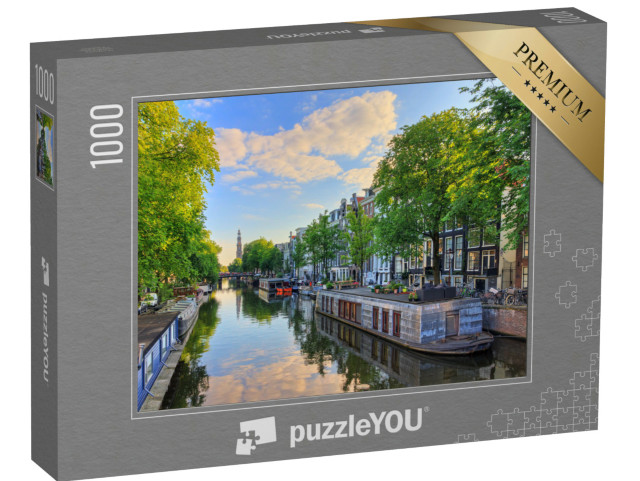 Puzzel 1000 stukjes „Woonboten op de Prinsengracht met de Westerkerk op een zomerochtend in Amsterdam“