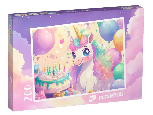 Puzzel 200 stukjes „Eenhoorn Bella viert haar verjaardag met taart en ballonnen“
