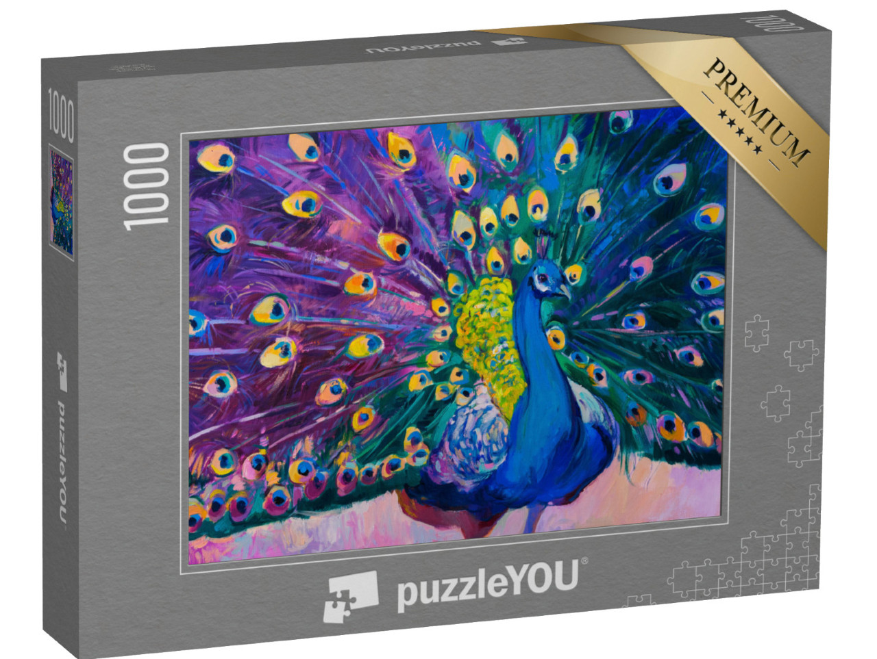 Puzzel 1000 stukjes „Olieverf op doek: Prachtige pauw met open wiel“