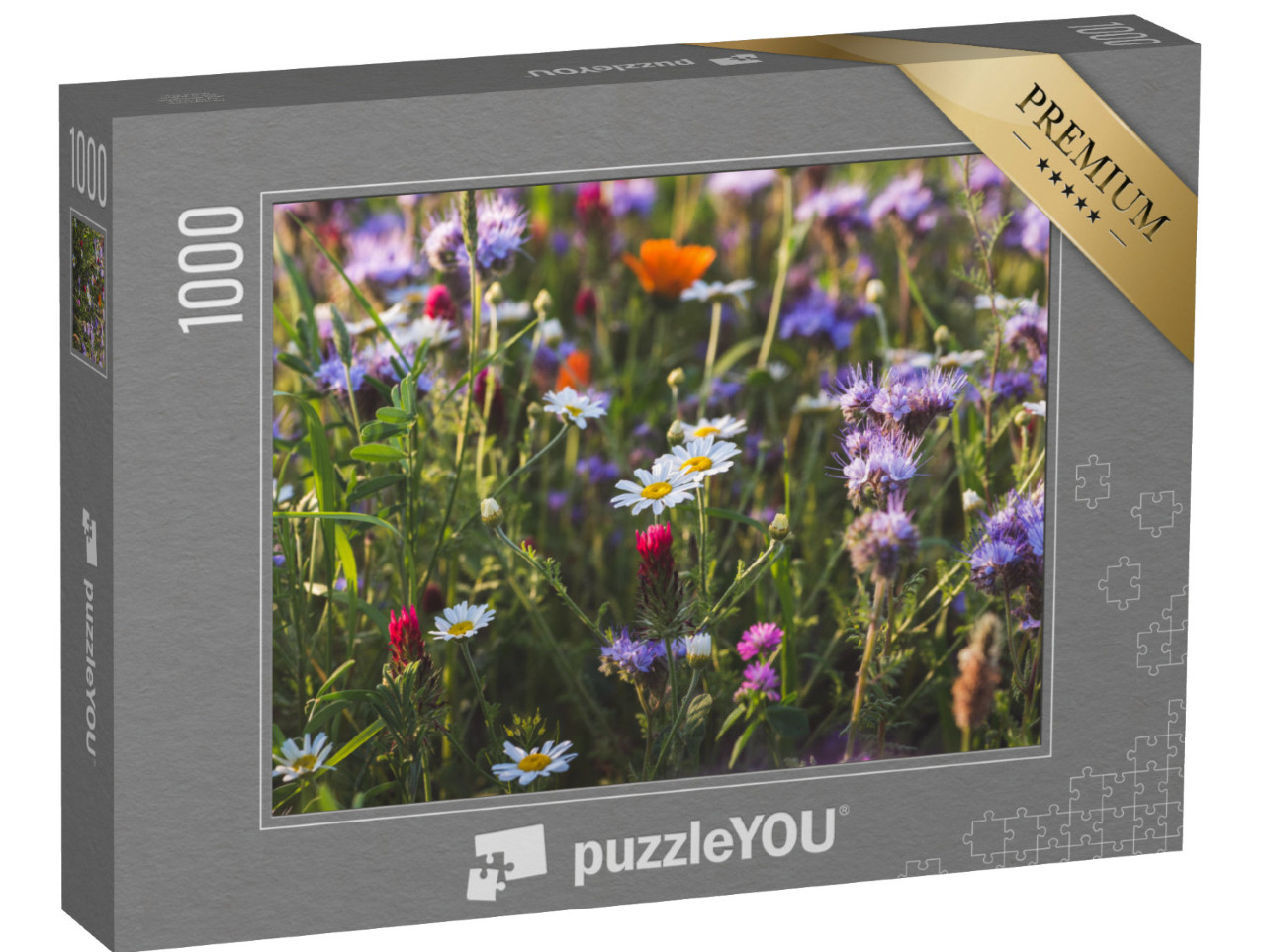 Puzzel 1000 stukjes „Kleurrijke bloeiende kruidenweide met paars bloeiende phacelia en goudsbloemen“