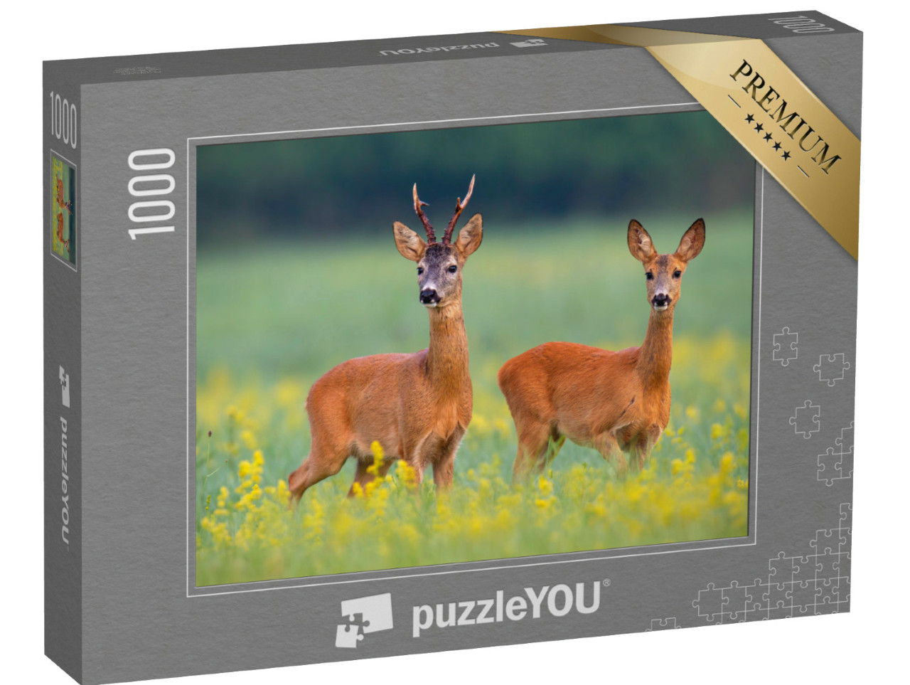 Puzzel 1000 stukjes „Reeën in een veld vol gele wilde bloemen“