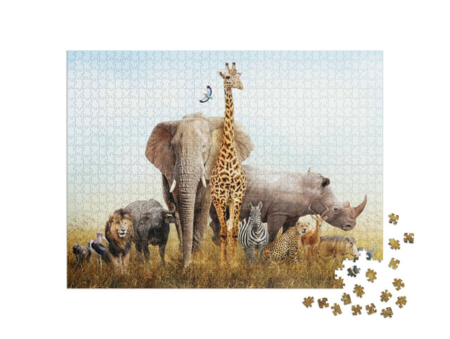 Puzzel 1000 stukjes „Talrijke safaridieren: Compositie met landschap van Kenia“