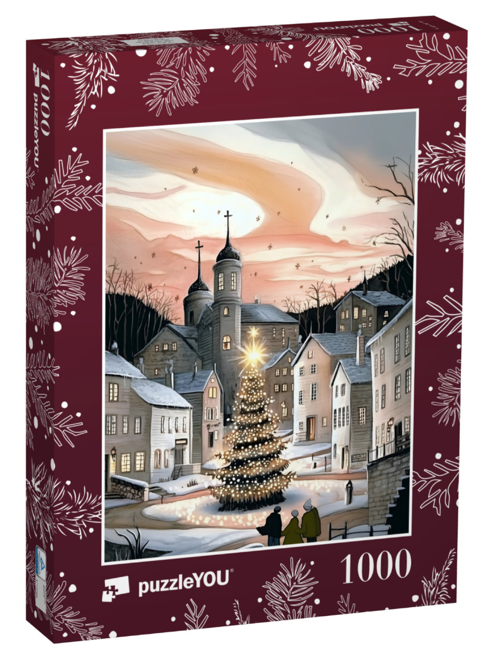 Puzzel 1000 stukjes „Le sapin de Noël brille de mille feux sur la place du village“