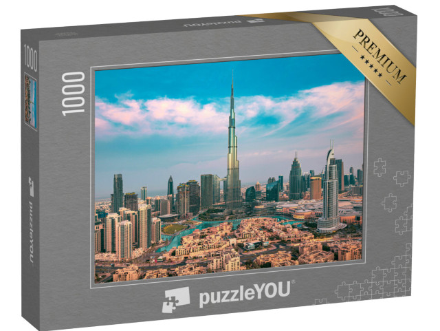 Puzzel 1000 stukjes „De skyline van het stadscentrum van Dubai met wolkenkrabbers bij zonsopgang“