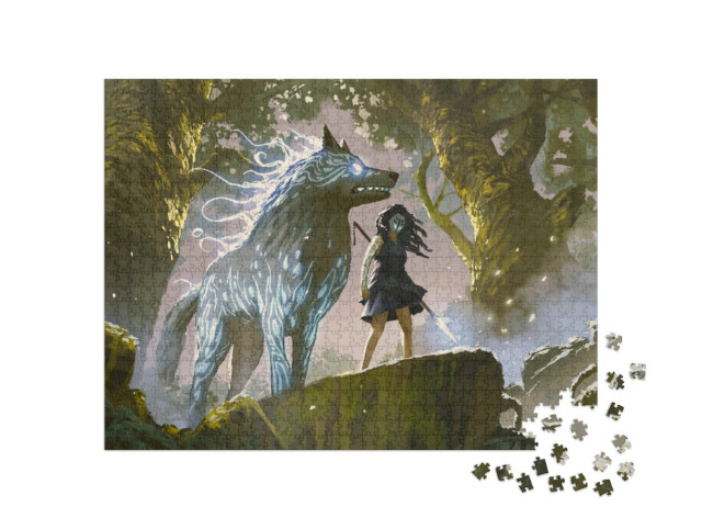 Puzzel 1000 stukjes „Wild meisje met haar wolf in het bos, digitale kunststijl“