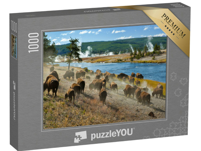 Puzzel 1000 stukjes „Een kudde bizons op de Firehole-rivier in Yellowstone National Park“