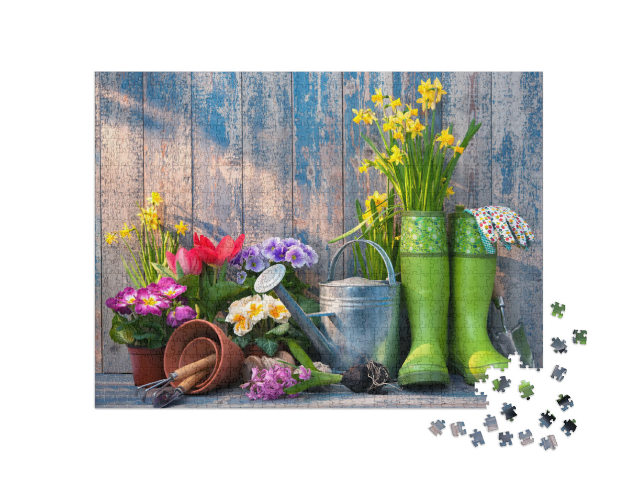 Puzzel 1000 stukjes „Tuingereedschap en bloemen op het terras“