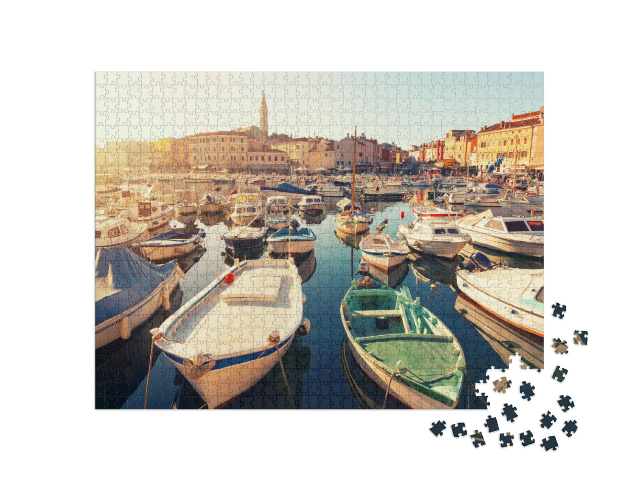 Puzzel 1000 stukjes „Middeleeuwse stad Rovinj bij zonsondergang, Kroatië“