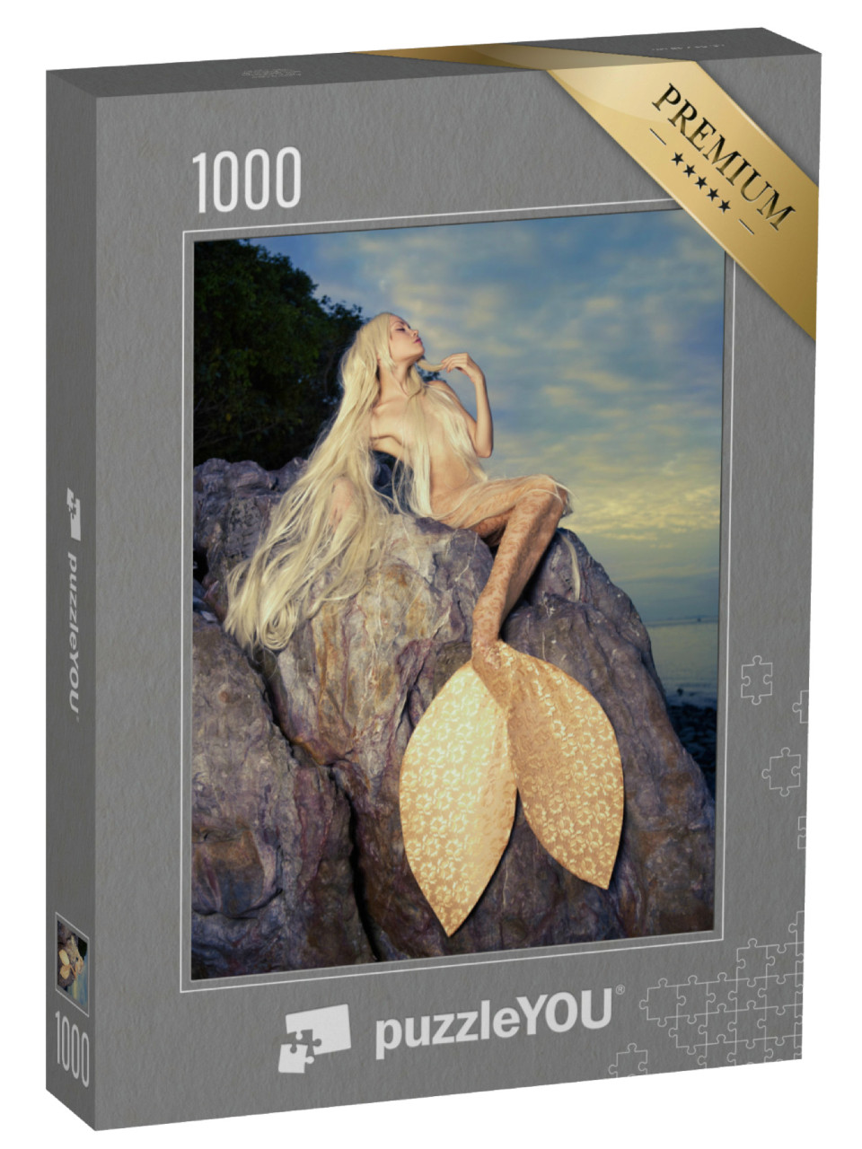 Puzzel 1000 stukjes „Gouden zeemeermin op een rots aan zee“