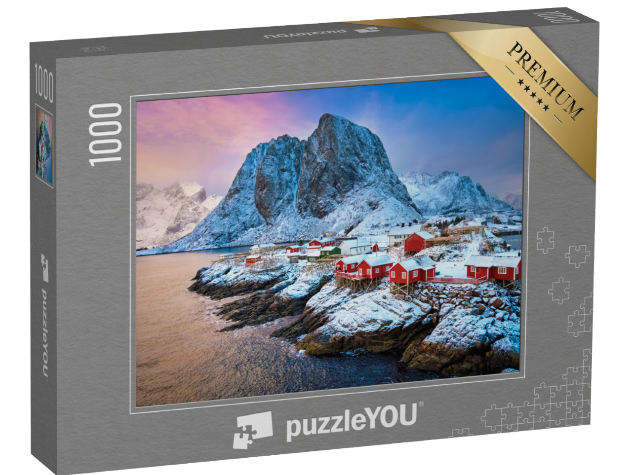 Puzzel 1000 stukjes „Vissersdorp op de Lofoten: Zonsopgang in de winter, Noorwegen“