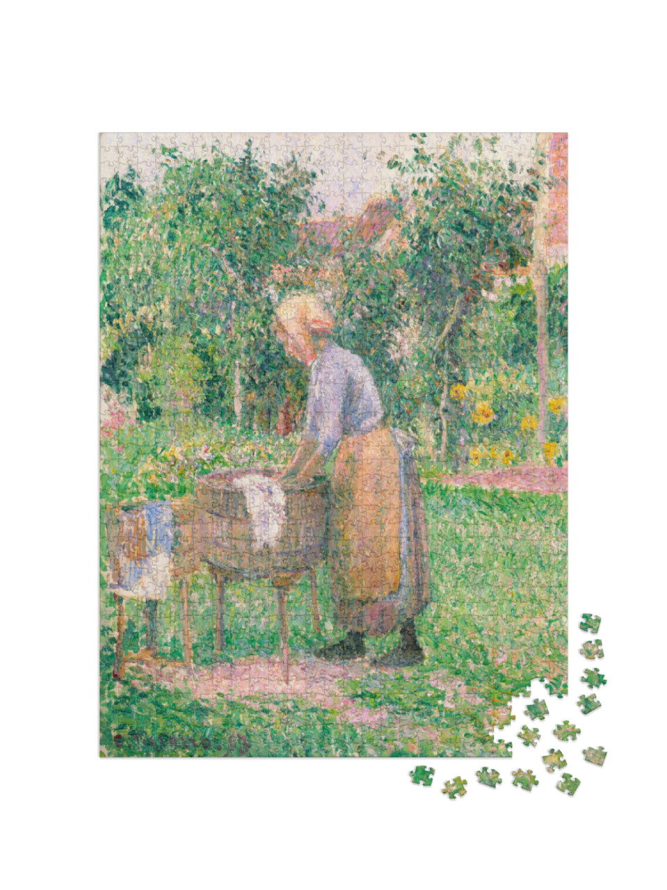 Puzzel 1000 stukjes „Camille Pissarro - Een wasvrouw in Éragny“