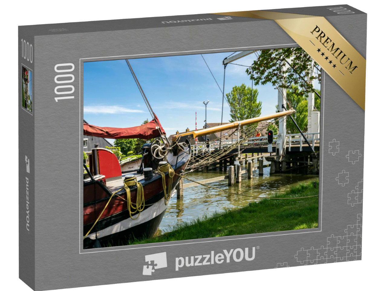 Puzzel 1000 stukjes „Oud zeiljacht bij een houten ophaalbrug in het oude vissersdorp Stavoren“
