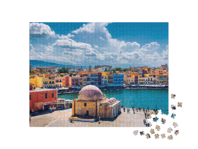 Puzzel 1000 stukjes „Moskee in de oude Venetiaanse haven van de stad Chania, Kreta“