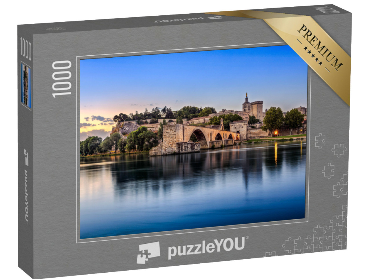 Puzzel 1000 stukjes „De brug van Avignon met het paleis van de paus en de Rhône, zonsopgang, Frankrijk“