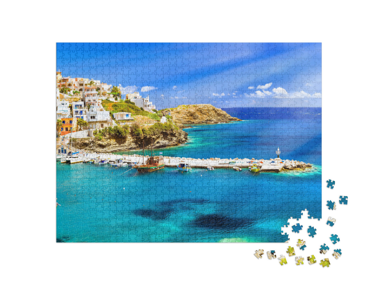 Puzzel 1000 stukjes „Haven met marineschepen, boten en vuurtoren, Rethymno, Kreta“