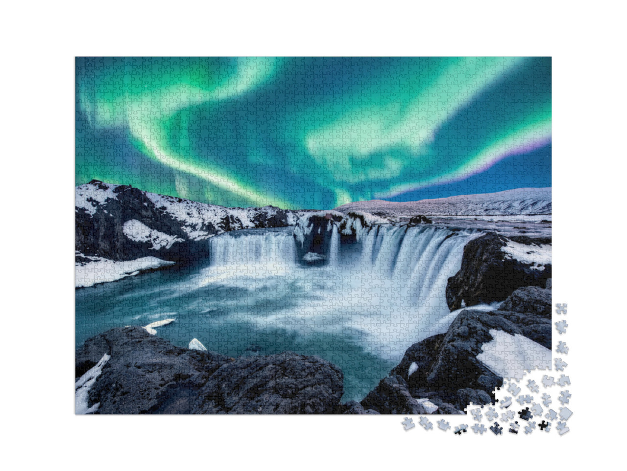 Puzzel 2000 stukjes „Noorderlicht boven Godafoss, waterval in IJsland“