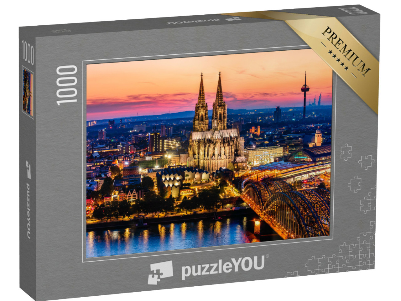Puzzel 1000 stukjes „Nachtpanorama van de Dom van Keulen, de Hohenzollernbrug en de Rijn“