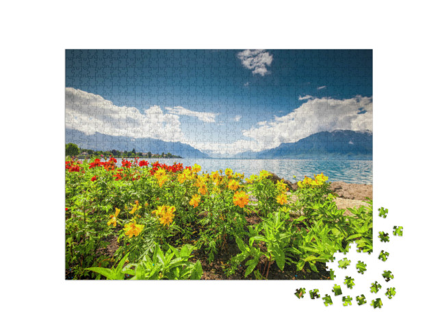 Puzzel 1000 stukjes „Meer van Genève en wijngaard in de regio Lavaux, Zwitserland“