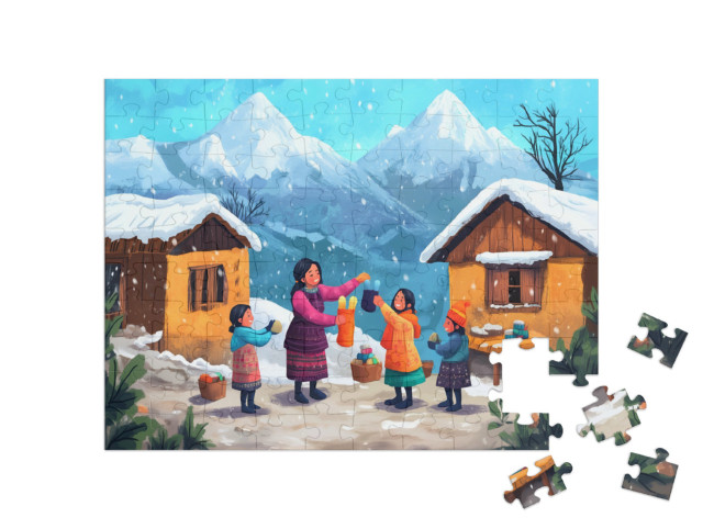 Puzzel 100 stukjes „Besneeuwde reis naar de hoogste toppen“